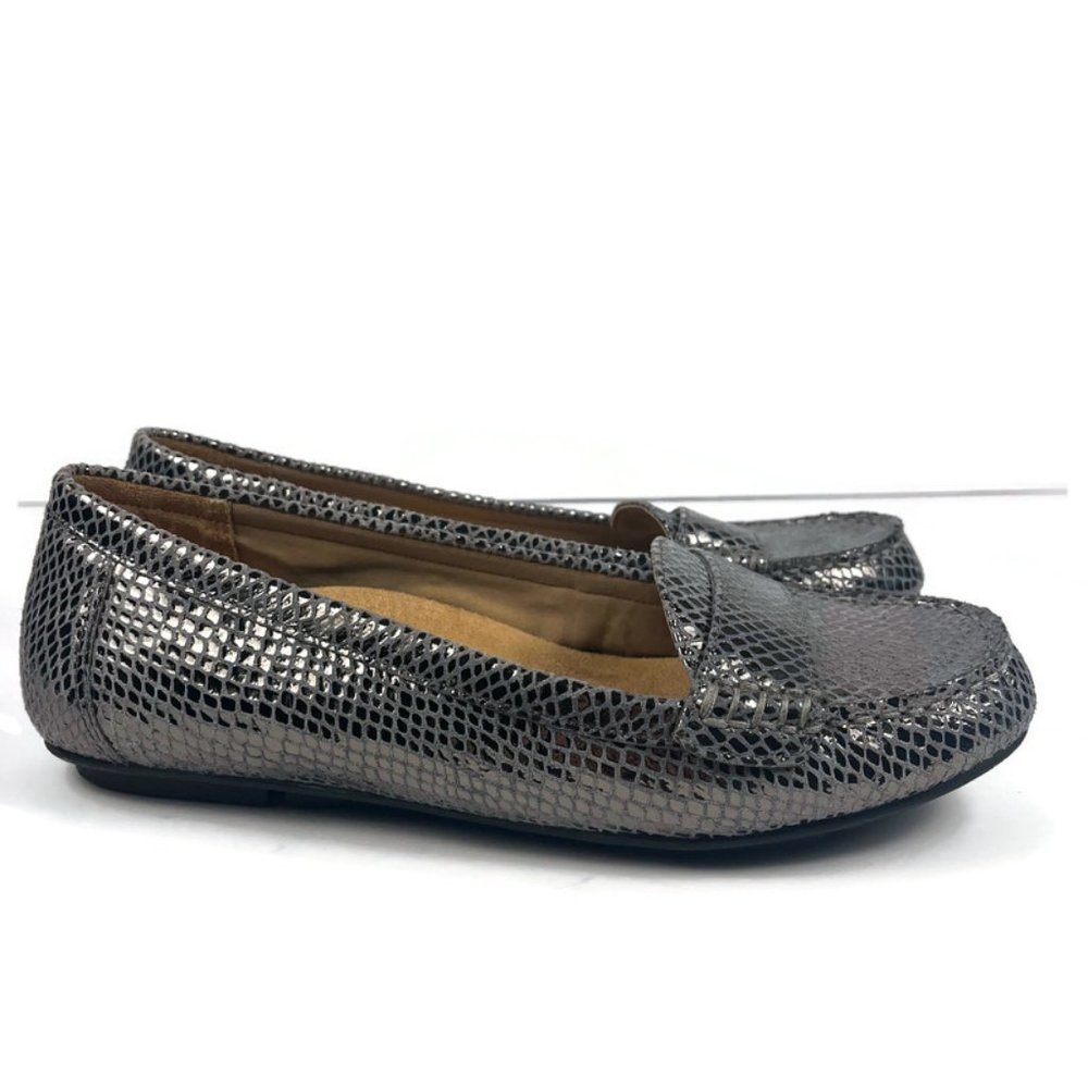 Vionic Metallic Gunmetal Snake-Embossed Flats